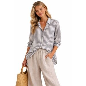 NWOT Yuvita Womens Blue White Striped 100% Linen Button‎ Down Shirt S New